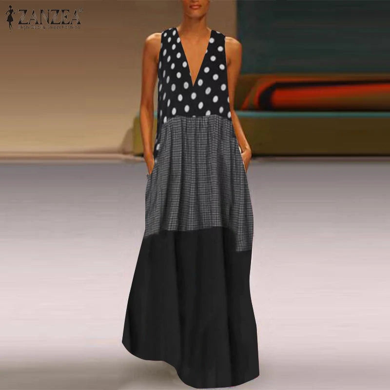 Women's Bohemian Ruffle Sundress  ZANZEA Summer Sleeveless Floral Printed Maxi Long Dress Casual Loose Party Tanks Vestido